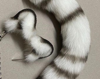 Conjunto de orejas y cola de gato atigrado hecho a mano, lindo accesorio de cosplay de piel sintética a rayas, diadema de orejas y cola de gato de peluche flexible para Halloween y LARP
