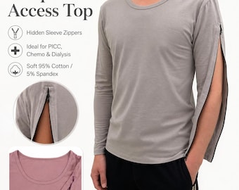 Adaptive Access Top, PICC Chemo Dialysis Shirt, Zipper Sleeve Medical Recovery Tee