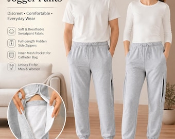 Unisex Adaptive Catheter Jogger Pants, Hidden Pocket, Post Surgery Recovery Wear