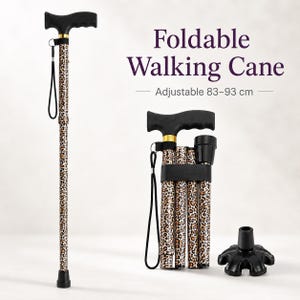 May include: A foldable walking cane with a leopard print pattern, a black T-shaped handle, and a black wrist strap. The cane is adjustable from 83 to 93 cm. The set includes a folded version of the cane and a separate black multi-prong rubber base.
