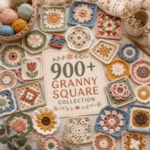 Puede incluir: Una colección de coloridos cuadrados de la abuela hechos a mano en varias formas y diseños. Los cuadrados están dispuestos alrededor de un letrero que dice "900+ Granny Square Collection". También se ven ovillos de lana y ganchillos.