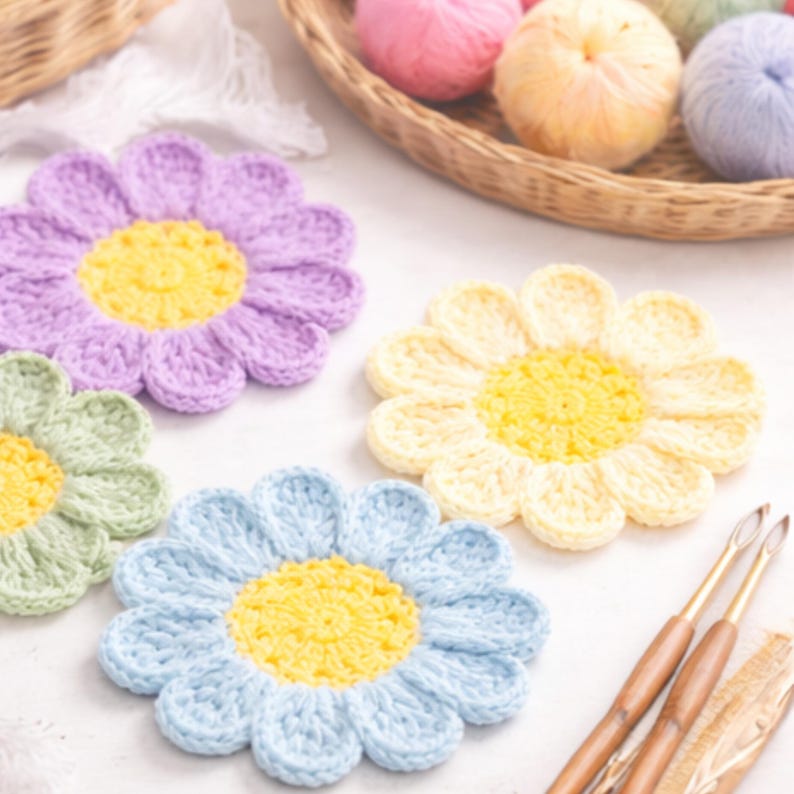 Flower Coaster Crochet Pattern PDF, Beginner Floral Mug Rug, Easy 8 ...