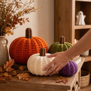 May include: A collection of four crocheted pumpkins in orange, olive green, cream, and purple, each featuring a textured ribbed pattern and a brown crocheted stem. The pumpkins are arranged in a group, showcasing their varied sizes and colours.