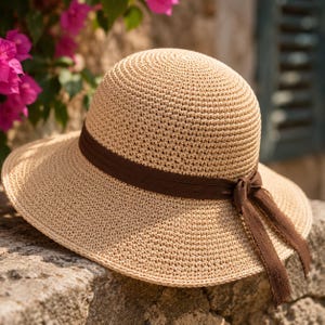 Può includere: Un cappello da sole beige intrecciato con una corona arrotondata e una tesa larga. Il cappello presenta un nastro in tessuto marrone scuro avvolto attorno alla base della corona, annodato in un piccolo fiocco laterale con due estremità pendenti.