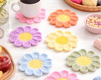 Gehaakt patroon bloemenonderzetter (pdf), bloemenmok tapijt voor beginners, eenvoudige madeliefjesonderzetter met 8 bloemblaadjes, instant digitale download