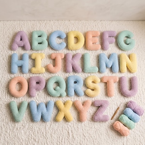 Può includere: Un set completo di ventisei lettere dell'alfabeto all'uncinetto in tonalità pastello di rosa, blu, giallo, viola e verde menta. Ogni lettera è imbottita per creare una forma morbida e tridimensionale. Include un uncinetto in legno e quattro gomitoli.