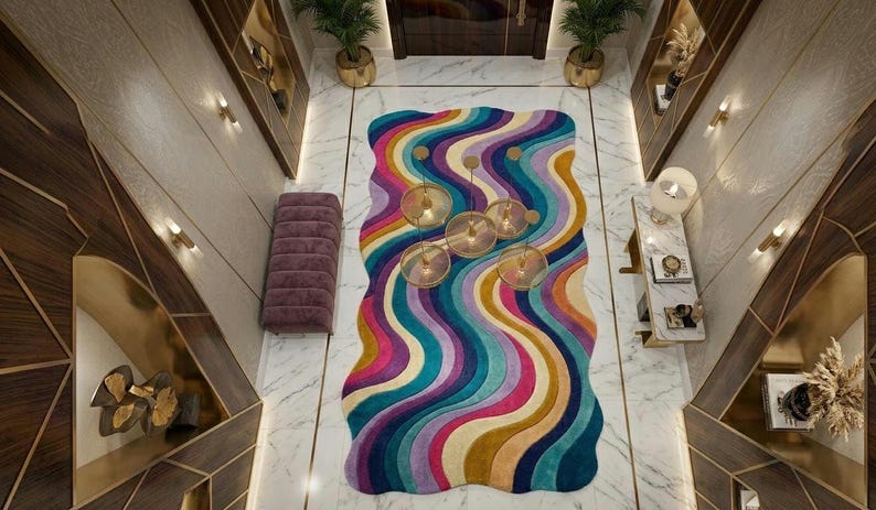 Irregular Rainbow Wave Rug, Hand Tufted Abstract Carpet, Colorful ...