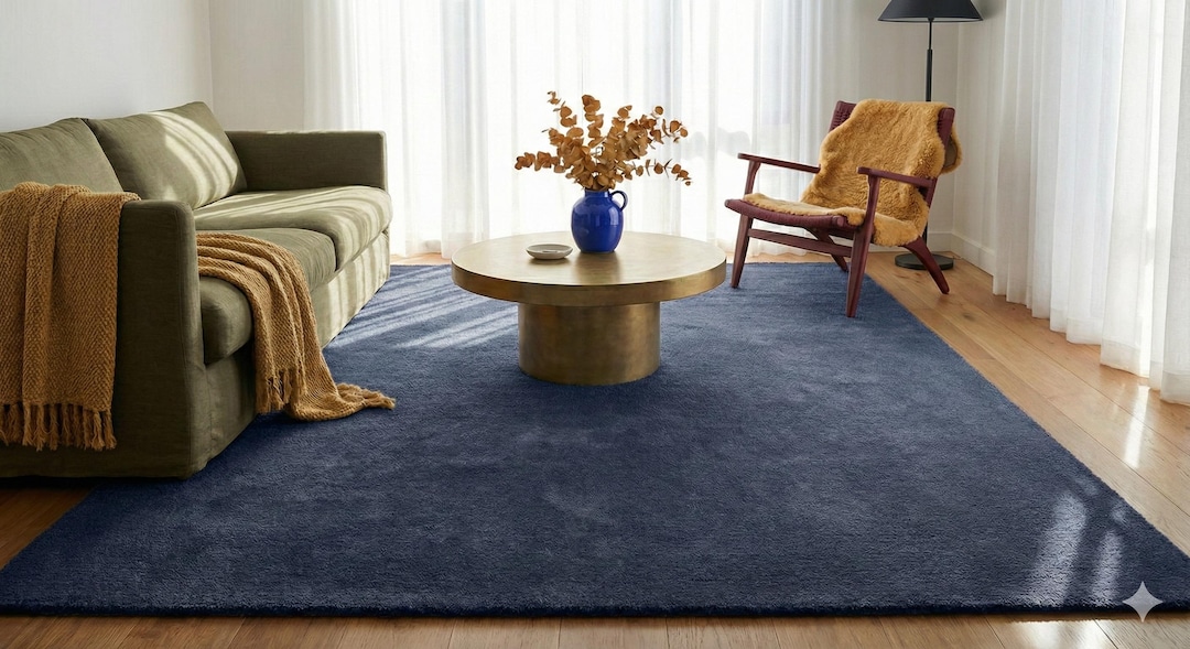 Navy Blue Hand Tufted Wool Blend Area Rug, Plush Modern Carpet - Etsy