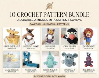 10 Amigurumi Crochet Pattern Bundle | Plushies & Lovey Blankets PDF | Animal Crochet Patterns |  Save 50%