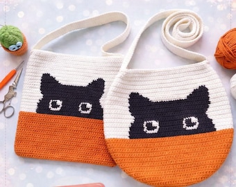Black Cat Tote Bag Crochet Pattern PDF Square Round Design Tutorial DIY Handmade