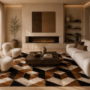 May include: A living room featuring two cream-colored bouclé armchairs, a matching cream sofa, and a low dark brown square coffee table. A geometric patterned rug in shades of black, brown, and cream covers the floor beneath the furniture.