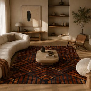 Handmade Geometric Cowhide Leather Rug, Modern Patchwork Carpet, Luxury Diamond Pattern