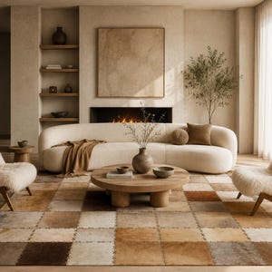 May include: A large area rug featuring a patchwork design of square leather tiles in shades of brown, tan, and cream, stitched together with visible thread. The rug is positioned in a living room with a curved sofa and two fuzzy armchairs.