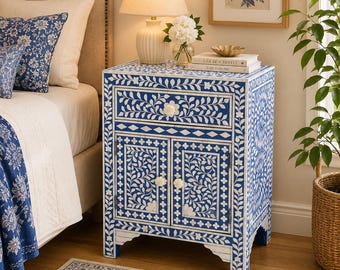 Blauw houten nachtkastje ingelegd – handgemaakt houten nachtkastje – bijzettafel slaapkamer