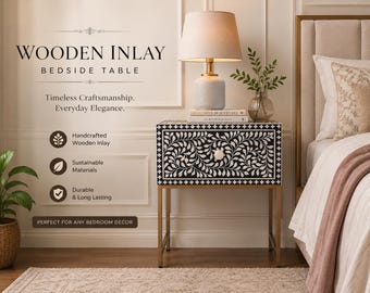 Handgemaakt nachtkastje met houten inzetstuk, set van 2, paar rustieke nachtkastjes, handgemaakte bijzettafels slaapkamer, bohohouten meubels