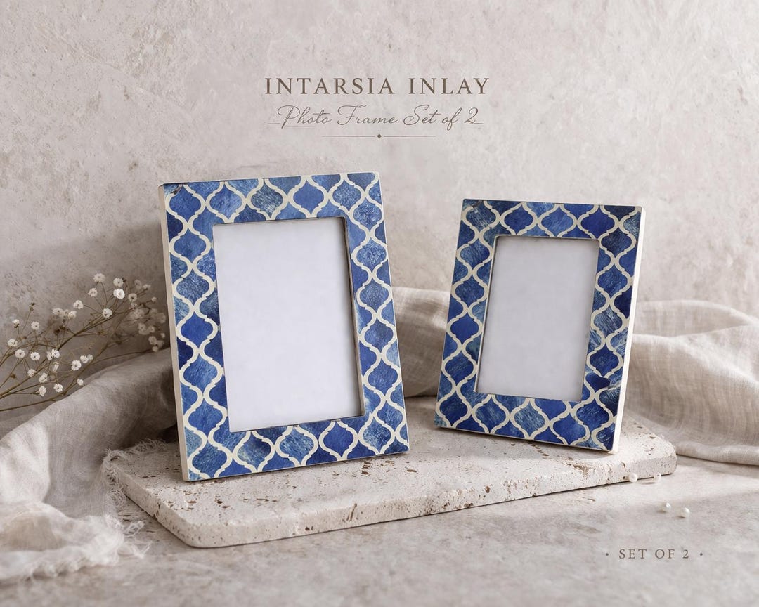 Set of 2 Blue Intarsia Inlay Bone Photo Frames, Artisan Handmade Decor ...
