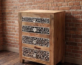 Mesita de noche de nácar con 4 cajones – Mesita de noche artesanal con incrustaciones de nácar, muebles de lujo