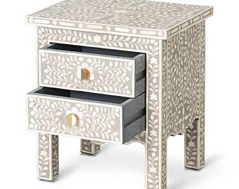 Grey Inlay Bedside Table – Handmade Wooden Nightstand Cabinet – Luxury Boho Bedroom Furniture UK