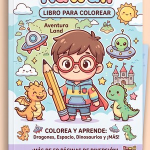 以下が含まれることがあります： 「MIS AVENTURAS Kawaii」というタイトルの子供向け塗り絵本。漫画の男の子が鉛筆を持っています。表紙には、ドラゴン、エイリアン、城のイラストと「LIBRO PARA COLOREAR」の文字が描かれています。この本は50ページ以上の楽しさを約束します。