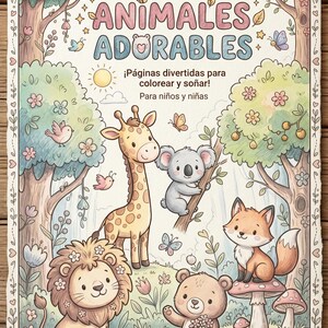 Puede incluir: Portada de un libro para colorear infantil titulado "Mundo de Animales Adorables", con ilustraciones de una jirafa, un koala, un león, un zorro y un oso en un entorno de bosque. El texto dice "Páginas divertidas para colorear y soñar!" y "Para niños y niñas".