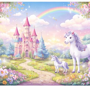 Può includere: Illustrazione fiabesca di un castello rosa con alte torri, un arcobaleno e due unicorni bianchi. Il primo piano è pieno di fiori colorati e lo sfondo è un cielo blu.