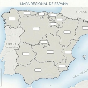 Puede incluir: Un mapa regional de España, que muestra la Península Ibérica y las Islas Canarias. El mapa está dividido en regiones con espacios rectangulares en blanco para etiquetas. Se muestran el Océano Atlántico y el Mar Mediterráneo.