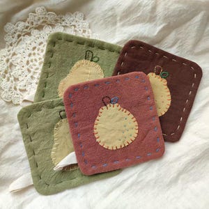 Handmade homespun patchwork fabric coasters, kitchen utensil coasters, housewarming gift coasters for friends,Pear Design