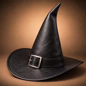 May include: A black pointed hat with a textured surface and a wide brim. The hat features a black band around the base with a silver-toned metal buckle centered at the front. The crown of the hat is tall and slightly curved toward the top point.