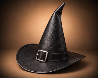 May include: A black pointed hat with a textured surface and a wide brim. The hat features a black band around the base with a silver-toned metal buckle centered at the front. The crown of the hat is tall and slightly curved toward the top point.