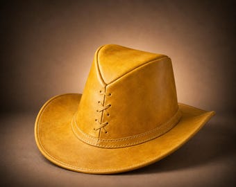 Handmade Mustard Yellow Leather Outback Hat, Lace Up Cowboy Hat, Wide Brim Western Ranch Style, Rodeo Wear