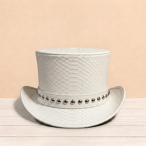 White Python Leather Top Hat, Steampunk Victorian Hat, Gothic Costume Accessory, Handmade Festival Wear