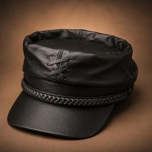 May include: A black leather military-style cap featuring a flat top, a structured brim, and a braided leather band across the front. The front panel is accented with a decorative crisscross leather lacing detail centered above the brim.