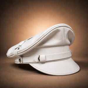 May include: A white leather military-style peaked cap featuring a structured crown, a stiff visor, and a horizontal band across the front. The band is secured with a small silver-toned metal button on the side, providing a clean and uniform appearance.
