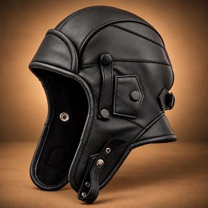 May include: A black leather aviator-style cap featuring a multi-paneled construction with visible stitching, side ear flaps, a small square pocket with a snap button, and an adjustable chin strap with metal eyelets and a snap closure.