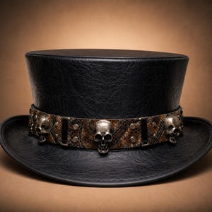 Handmade Black Leather Top Hat with Metal Skull Band, Snakeskin Strap Gothic Steampunk Rocker Biker Festival Costume