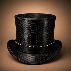 Black Python Leather Top Hat, Handmade Steampunk Victorian Style, Gothic Embossed Hat, Festival Cosplay Costume