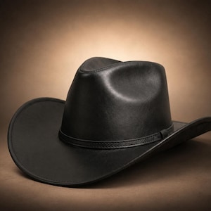May include: A black cowboy hat with a smooth, matte finish and a structured crown. The hat features a wide, curved brim and a thin, matching black band encircling the base of the crown, providing a clean and uniform appearance throughout the design.