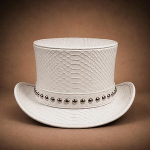 Haut de forme blanc fait main en peau de serpent, chapeau steampunk clouté, costume gothique, accessoire de festival victorien