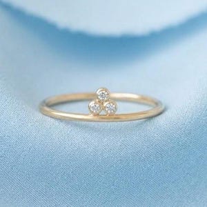 14K Gold Trio Diamond Stacking Ring, Minimalist Three Stone Ring for Her, Delicate Dainty Cluster Ring, Tiny Diamond Promise Ring, Gold Band