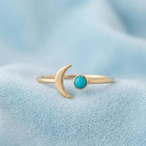 Crescent Moon and Turquoise Ring, Celestial Dainty Ring for Her, Minimalist 14k Gold Stacking Ring, December Birthstone Gift, Promise Ring
