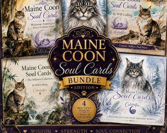 Maine Coon Soul Cards Bundle | 16 Printable Affirmation Cards | Commercial Use | Chinese Watercolour Cat Art
