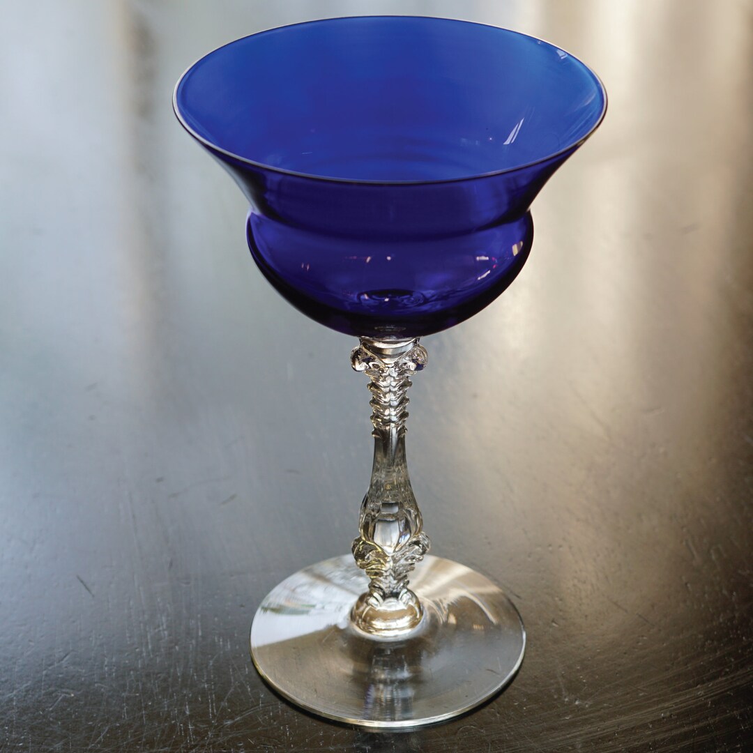 Vintage Cocktail Glasses Footed Tall Champagne Glass, 3126 Royal Blue Pattern by Cambridge Glass