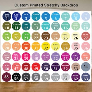 May include: A color chart for a custom printed stretchy backdrop. The chart displays 63 color options, each labeled with a color name and number. Colors range from navy blue to berry, with various shades.