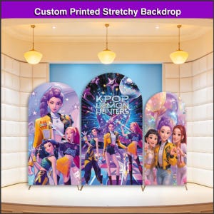 May include: Custom printed stretchy backdrops featuring K-Pop Demon Hunters. The backdrops have an arched shape and feature colorful illustrations of anime-style characters. The text "KPOP DEMON HUNTERS" is visible on one backdrop.