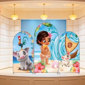 May include: A three-panel backdrop featuring cartoon characters from a popular animated film. The panels depict a pig with a rooster, a young girl holding a shell, and a pig with a boat. The backdrop is set on a stage with overhead lighting.