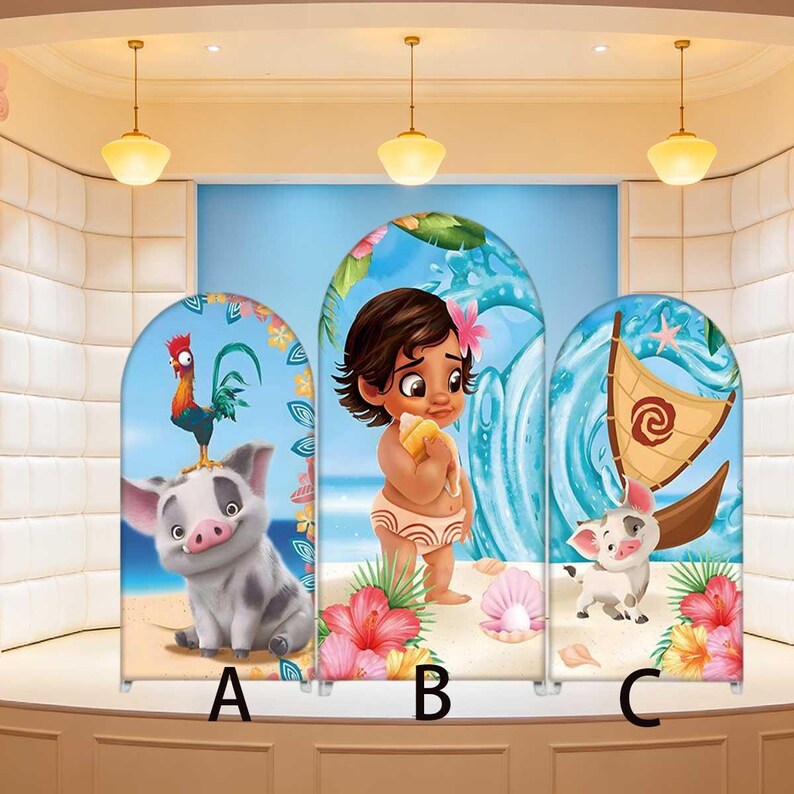May include: Three arched panels featuring cartoon characters on a stage. Panel A shows a pig with a rooster. Panel B depicts a girl holding a shell. Panel C shows a pig and a boat. The background is a blue sky and ocean.