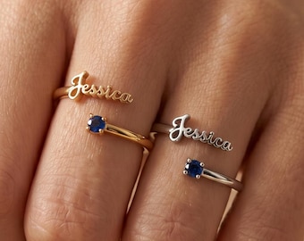 Custom Adjustable Script Name Birthstone Ring Personalized Waterproof Matching Couples Open Ring Daily Anniversary Mother's Day Gift for Her