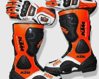 Botas de corrida laranja KTM com luvas – Conjunto de equipamento para pilotagem em pista de motociclismo