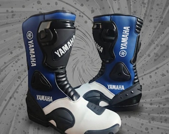 ヤマハ製レザー製モーターサイクルレーシングブーツ | 青と白のバイク用品