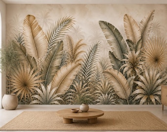 Neutrale Tropische Tapete Wandbild, Beige Palmenblatt-Wandkunst (Digitaler Download)
